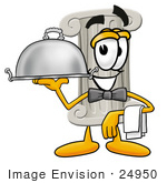 #24950 Clip Art Graphic Of A Pillar Cartoon Character Dressed As A Waiter And Holding A Serving Platter