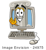 #24975 Clip Art Graphic Of A Pillar Cartoon Character Waving From Inside A Computer Screen