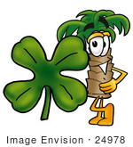 #24978 Clip Art Graphic Of A Tropical Palm Tree Cartoon Character With A Green Four Leaf Clover On St Paddy’S Or St Patricks Day