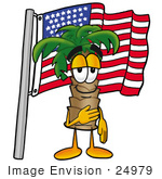 #24979 Clip Art Graphic Of A Tropical Palm Tree Cartoon Character Pledging Allegiance To An American Flag