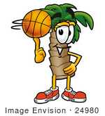 #24980 Clip Art Graphic Of A Tropical Palm Tree Cartoon Character Spinning A Basketball On His Finger