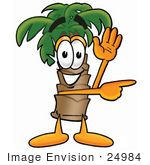 #24984 Clip Art Graphic Of A Tropical Palm Tree Cartoon Character Waving And Pointing
