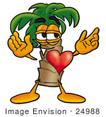 #24988 Clip Art Graphic Of A Tropical Palm Tree Cartoon Character With His Heart Beating Out Of His Chest