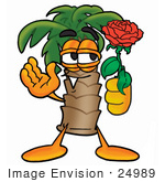 #24989 Clip Art Graphic Of A Tropical Palm Tree Cartoon Character Holding A Red Rose On Valentines Day