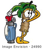 #24990 Clip Art Graphic Of A Tropical Palm Tree Cartoon Character Swinging His Golf Club While Golfing
