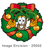 #25002 Clip Art Graphic Of A Tropical Palm Tree Cartoon Character In The Center Of A Christmas Wreath