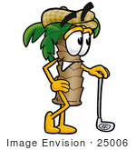 #25006 Clip Art Graphic Of A Tropical Palm Tree Cartoon Character Leaning On A Golf Club While Golfing