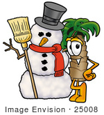 #25008 Clip Art Graphic Of A Tropical Palm Tree Cartoon Character With A Snowman On Christmas