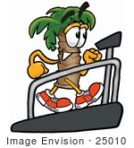 #25010 Clip Art Graphic Of A Tropical Palm Tree Cartoon Character Walking On A Treadmill In A Fitness Gym