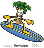 #25011 Clip Art Graphic Of A Tropical Palm Tree Cartoon Character Surfing On A Blue And Yellow Surfboard