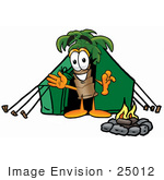#25012 Clip Art Graphic Of A Tropical Palm Tree Cartoon Character Camping With A Tent And Fire