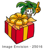#25016 Clip Art Graphic Of A Tropical Palm Tree Cartoon Character Standing By A Christmas Present