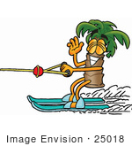 #25018 Clip Art Graphic Of A Tropical Palm Tree Cartoon Character Waving While Water Skiing
