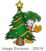 #25019 Clip Art Graphic Of A Tropical Palm Tree Cartoon Character Waving And Standing By A Decorated Christmas Tree