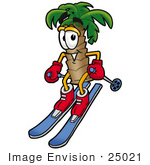 #25021 Clip Art Graphic Of A Tropical Palm Tree Cartoon Character Skiing Downhill
