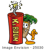 #25030 Clip Art Graphic Of A Tropical Palm Tree Cartoon Character Standing With A Lit Stick Of Dynamite