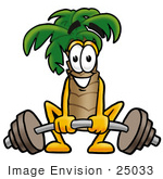 #25033 Clip Art Graphic Of A Tropical Palm Tree Cartoon Character Lifting A Heavy Barbell