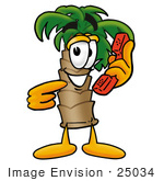 #25034 Clip Art Graphic Of A Tropical Palm Tree Cartoon Character Holding A Telephone