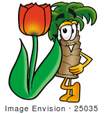 #25035 Clip Art Graphic Of A Tropical Palm Tree Cartoon Character With A Red Tulip Flower In The Spring