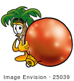 #25039 Clip Art Graphic Of A Tropical Palm Tree Cartoon Character Standing With A Christmas Bauble