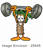 #25045 Clip Art Graphic Of A Tropical Palm Tree Cartoon Character Holding A Heavy Barbell Above His Head