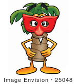 #25048 Clip Art Graphic Of A Tropical Palm Tree Cartoon Character Wearing A Red Mask Over His Face