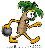 #25051 Clip Art Graphic Of A Tropical Palm Tree Cartoon Character Holding A Bowling Ball