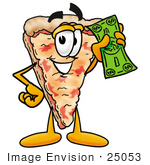 #25053 Clip Art Graphic Of A Cheese Pizza Slice Cartoon Character Holding A Dollar Bill