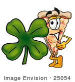 #25054 Clip Art Graphic Of A Cheese Pizza Slice Cartoon Character With A Green Four Leaf Clover On St Paddy’S Or St Patricks Day