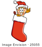 #25055 Clip Art Graphic Of A Cheese Pizza Slice Cartoon Character Wearing A Santa Hat Inside A Red Christmas Stocking