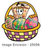 #25056 Clip Art Graphic Of A Cheese Pizza Slice Cartoon Character In An Easter Basket Full Of Decorated Easter Eggs