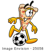 #25058 Clip Art Graphic Of A Cheese Pizza Slice Cartoon Character Kicking A Soccer Ball