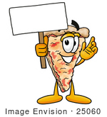 #25060 Clip Art Graphic Of A Cheese Pizza Slice Cartoon Character Holding A Blank Sign