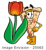 #25063 Clip Art Graphic Of A Cheese Pizza Slice Cartoon Character With A Red Tulip Flower In The Spring