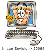 #25064 Clip Art Graphic Of A Cheese Pizza Slice Cartoon Character Waving From Inside A Computer Screen