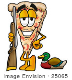 #25065 Clip Art Graphic Of A Cheese Pizza Slice Cartoon Character Duck Hunting Standing With A Rifle And Duck