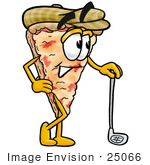 #25066 Clip Art Graphic Of A Cheese Pizza Slice Cartoon Character Leaning On A Golf Club While Golfing