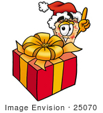 #25070 Clip Art Graphic Of A Cheese Pizza Slice Cartoon Character Standing By A Christmas Present