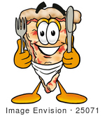#25071 Clip Art Graphic Of A Cheese Pizza Slice Cartoon Character Holding A Knife And Fork
