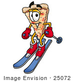 #25072 Clip Art Graphic Of A Cheese Pizza Slice Cartoon Character Skiing Downhill