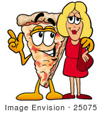 #25075 Clip Art Graphic Of A Cheese Pizza Slice Cartoon Character Talking To A Pretty Blond Woman