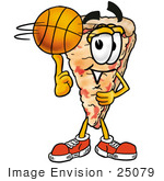 #25079 Clip Art Graphic Of A Cheese Pizza Slice Cartoon Character Spinning A Basketball On His Finger