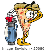 #25080 Clip Art Graphic Of A Cheese Pizza Slice Cartoon Character Swinging His Golf Club While Golfing