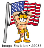 #25083 Clip Art Graphic Of A Cheese Pizza Slice Cartoon Character Pledging Allegiance To An American Flag