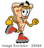 #25084 Clip Art Graphic Of A Cheese Pizza Slice Cartoon Character Roller Blading On Inline Skates