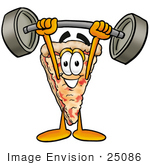#25086 Clip Art Graphic Of A Cheese Pizza Slice Cartoon Character Holding A Heavy Barbell Above His Head