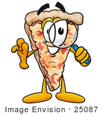 #25087 Clip Art Graphic Of A Cheese Pizza Slice Cartoon Character Looking Through A Magnifying Glass