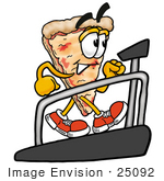 #25092 Clip Art Graphic Of A Cheese Pizza Slice Cartoon Character Walking On A Treadmill In A Fitness Gym
