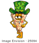 #25094 Clip Art Graphic Of A Cheese Pizza Slice Cartoon Character Wearing A Saint Patricks Day Hat With A Clover On It