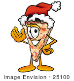 #25100 Clip Art Graphic Of A Cheese Pizza Slice Cartoon Character Wearing A Santa Hat And Waving
